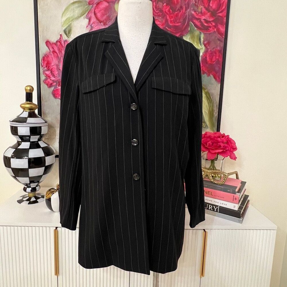 Escada Women's Pinstriped Wool Blend Single-Breasted Blazer Black Size Large